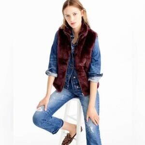 J.Crew Faux Fur Vest Burgundy Red Full Zip Size Small Fall Winter Style